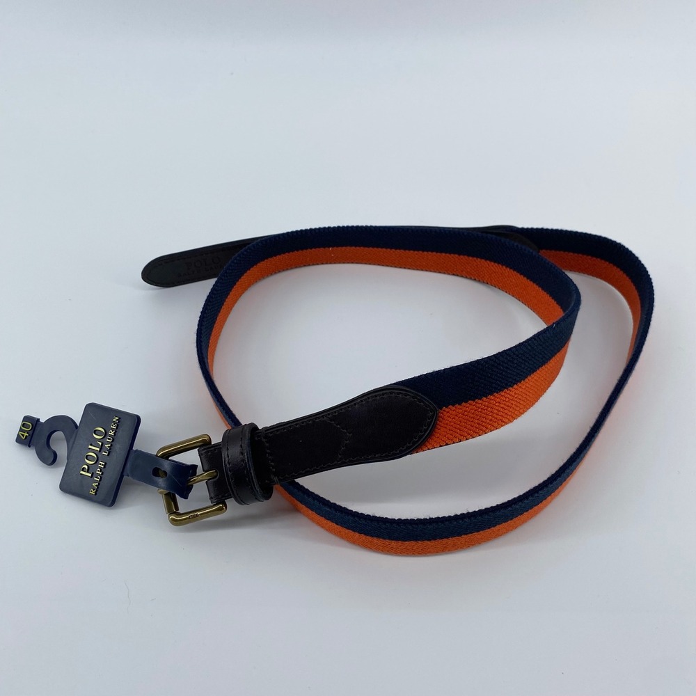 Polo Ralph Lauren Striped Webbed Belt Navy Blue Orange Leather Trim Size 40
